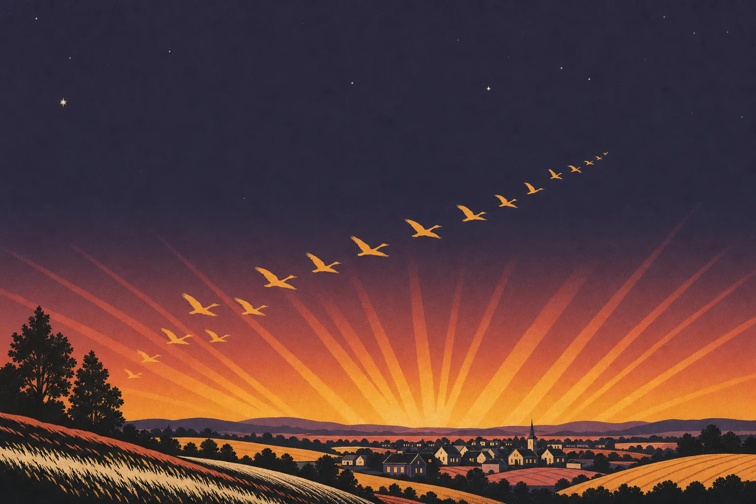 Painted poster of a small town before sunrise: lit windows, amber rays fanning up from the horizon, and a flock of geese climbing together into a deep indigo sky.