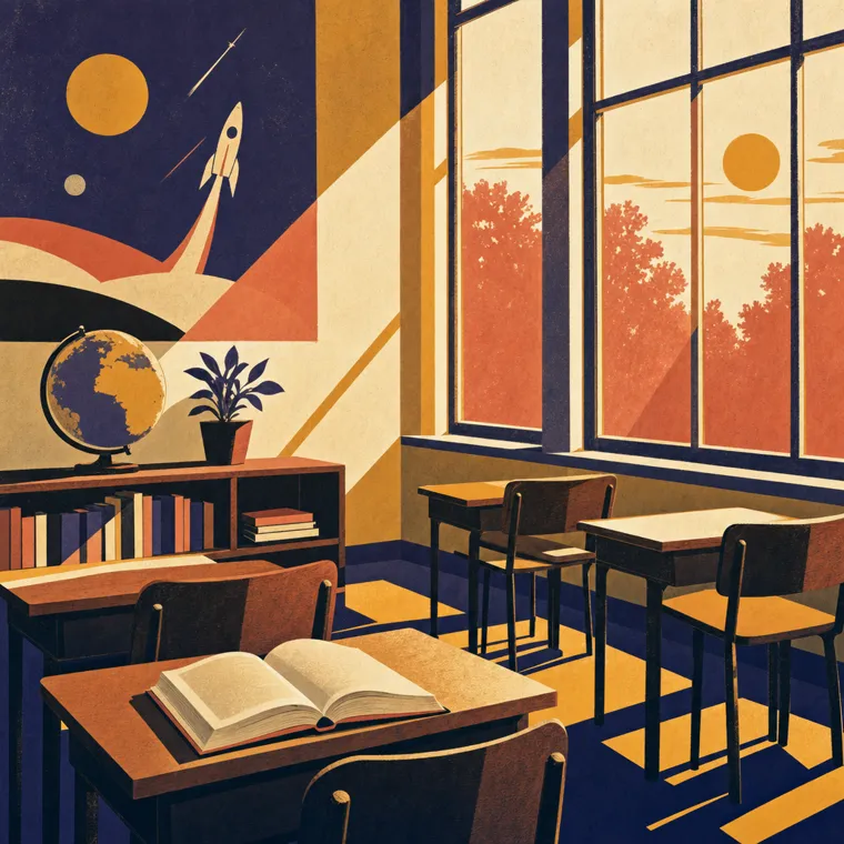 Painted poster of a sunlit classroom at morning: wooden desks, an open book, a globe, and a rocket poster on the wall.