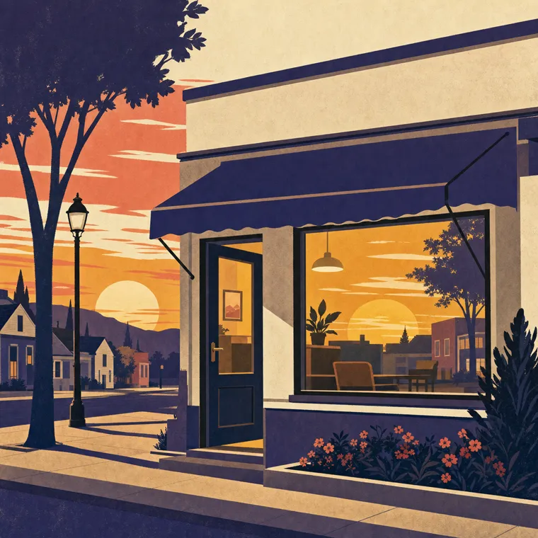Painted poster of a small-town clinic at dawn, door open, warm light inside, sunrise reflected in the front window.