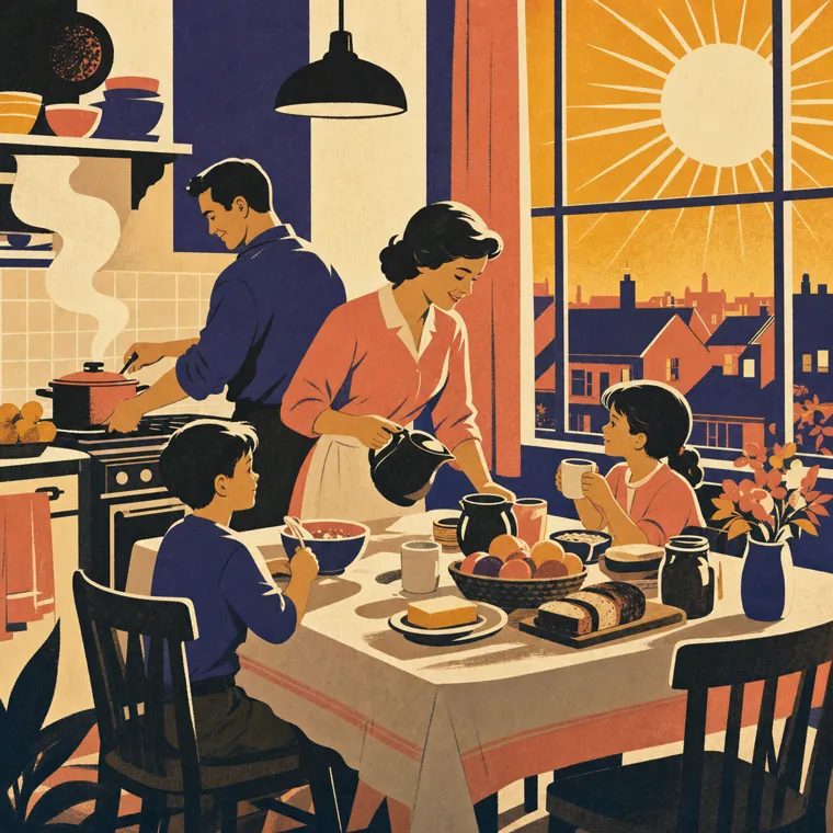 Painted poster of a family kitchen at dawn: breakfast on the table, a pot steaming on the stove, sunrise through the window.