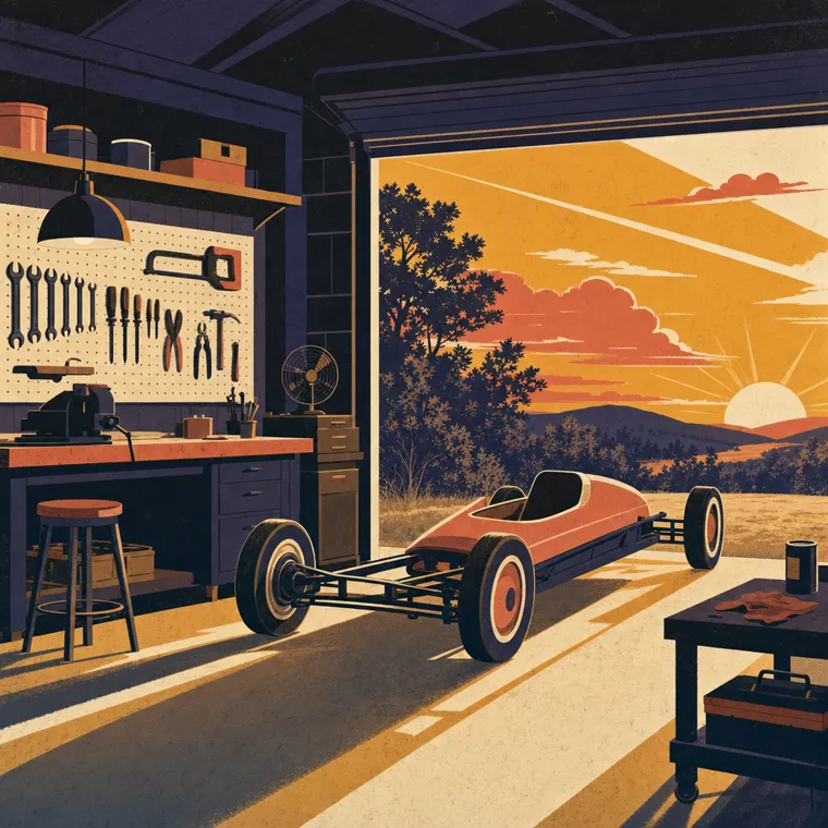 Painted poster of a garage workshop at dawn, door rolled open to the sunrise, a half-built soap-box racer inside.